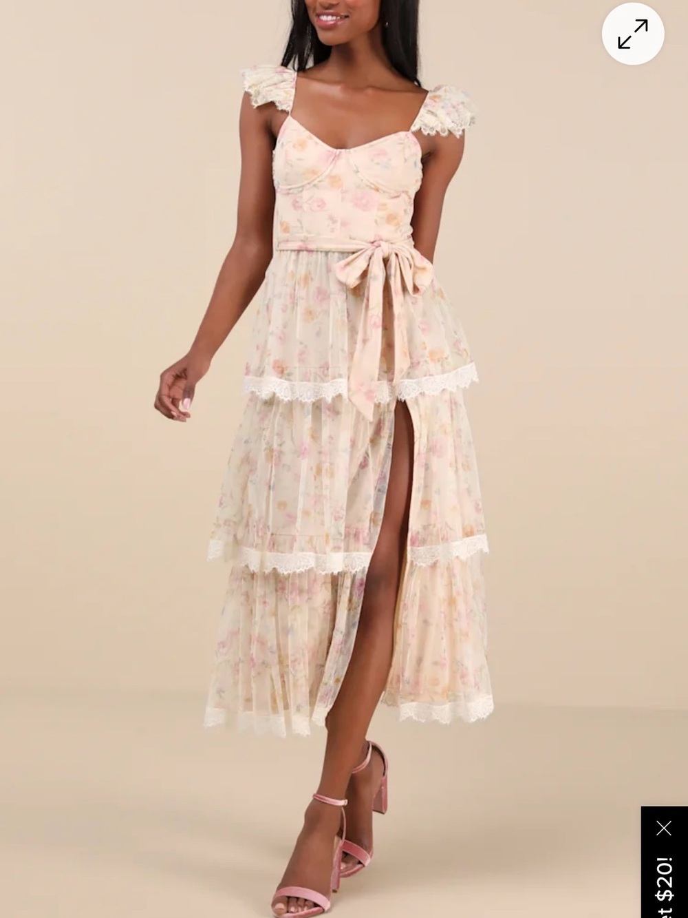 Lulus Floral Lace Tiered Maxi Dress in Soft Pink and Cream